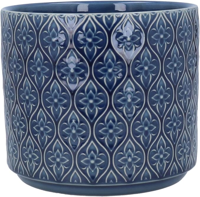 Gisela Graham - Navy Blue Plant Pot, Glazed Trellis Geometric Flower Pattern