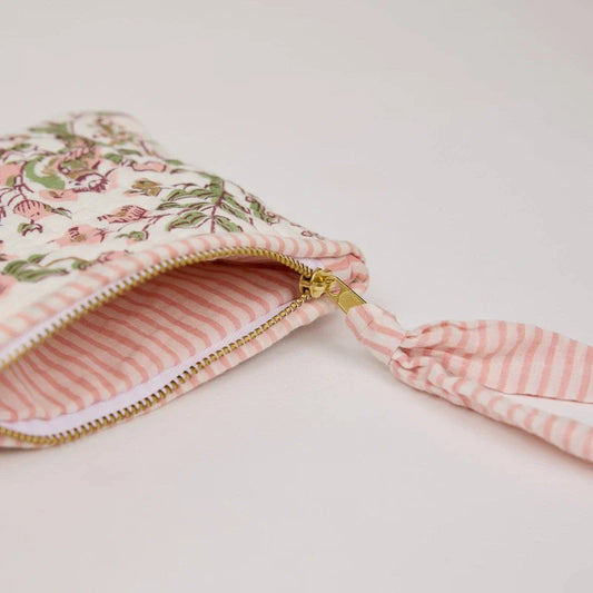 Paper Mirchi - Organic Cotton Block Printed Mini Zipped Pouch - Pink