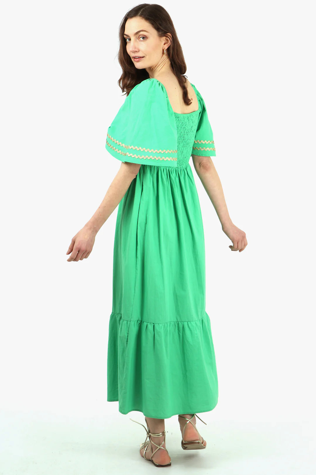 Sarta - Cotton Milkmaid Shirred Maxi Dress Bell Sleeves - Pink/Green