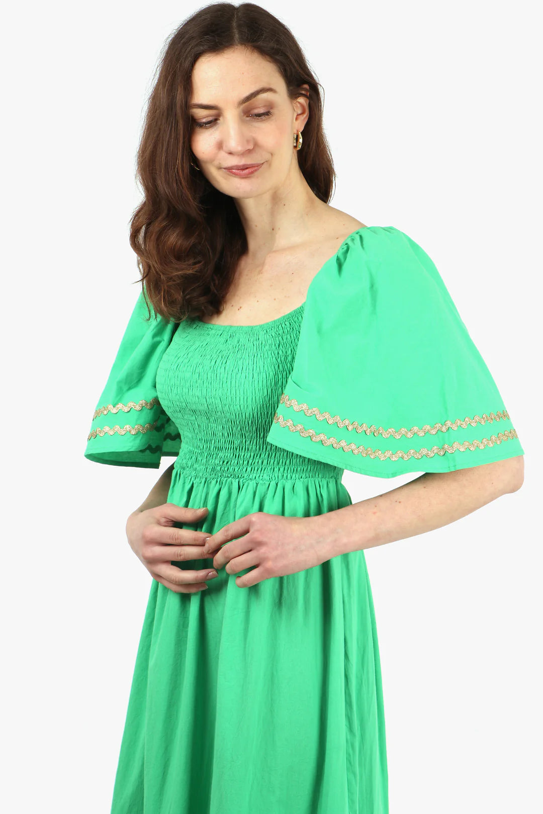 Sarta - Cotton Milkmaid Shirred Maxi Dress Bell Sleeves - Pink/Green