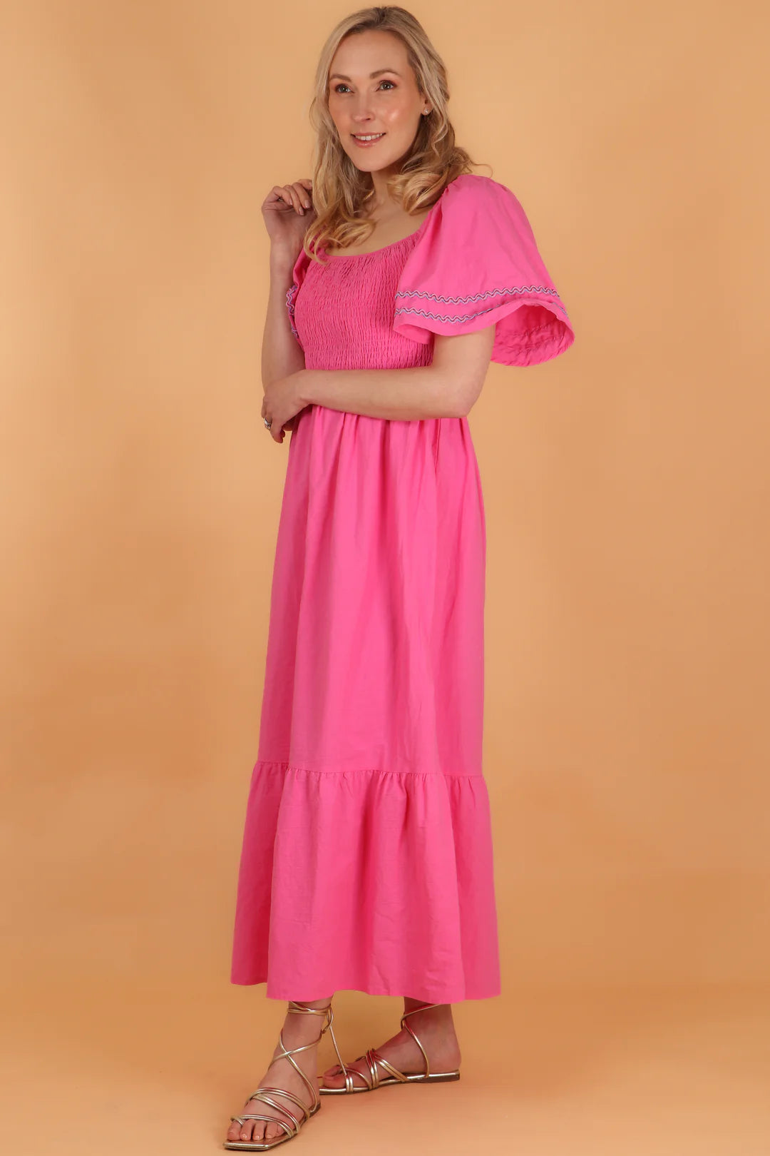 Sarta - Cotton Milkmaid Shirred Maxi Dress Bell Sleeves - Pink/Green