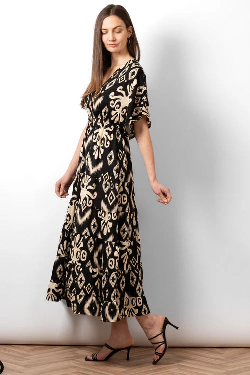 Sarta - Sienna Maxi Kaftan Dress - Black, Aztec Print