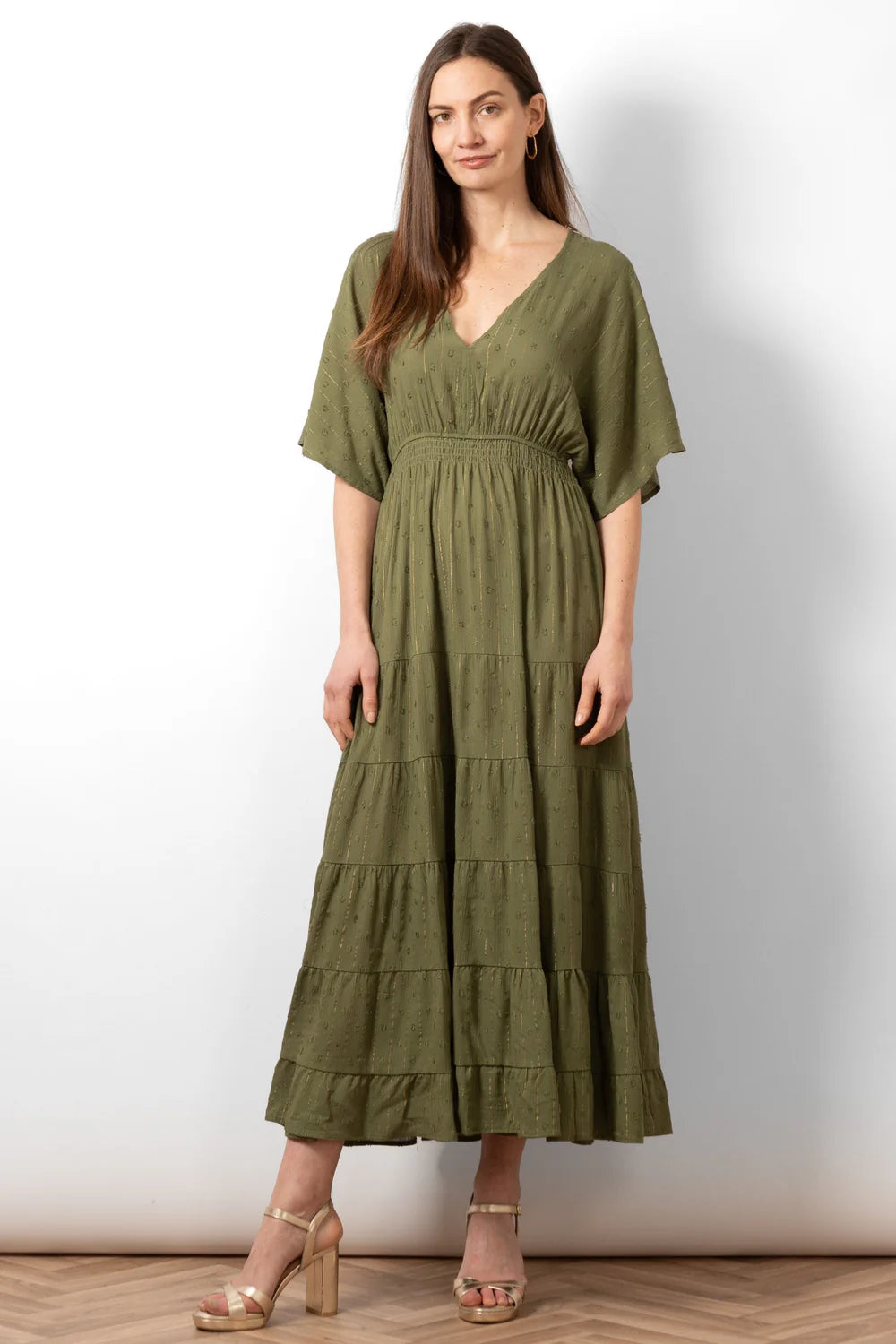 Sarta - Sienna Maxi Kaftan Dress - Khaki/Gold, Metallic Stripe