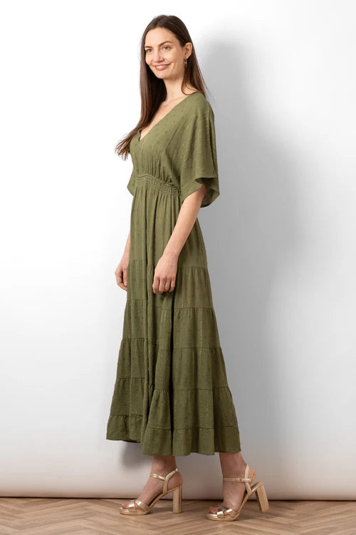 Sarta - Sienna Maxi Kaftan Dress - Khaki/Gold, Metallic Stripe