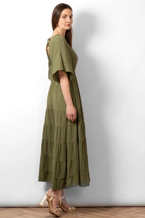 Sarta - Sienna Maxi Kaftan Dress - Khaki/Gold, Metallic Stripe