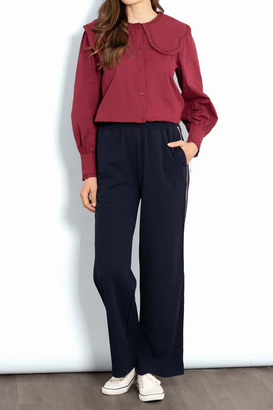 Sarta - Margot Wide Leg Trousers- Navy Blue/Red, Stripe
