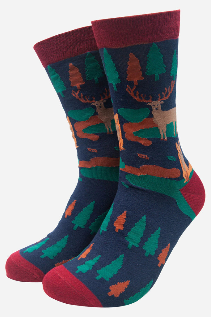 Sock Talk Mens Navy Blue Forest Animal Print Bamboo Socks