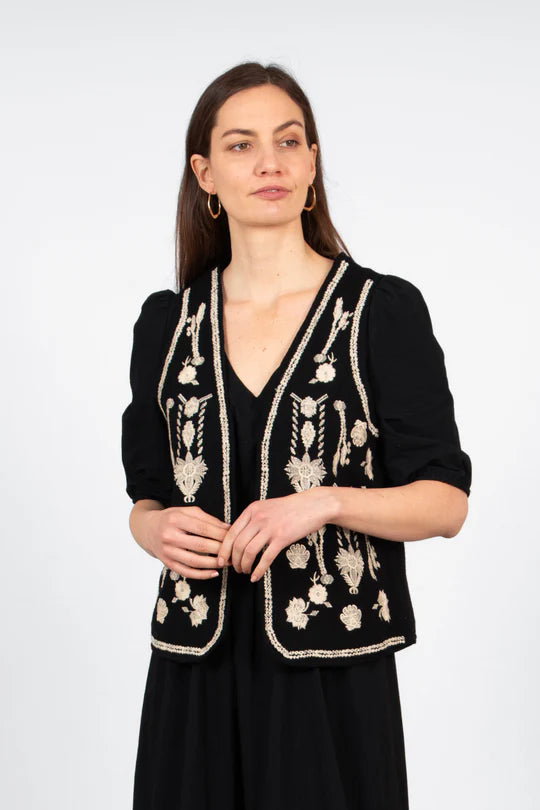 Sarta - Aubrey Lightweight Waistcoat - Black/Ecru, Floral Embroidery