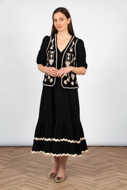 Sarta - Aubrey Lightweight Waistcoat - Black/Ecru, Floral Embroidery
