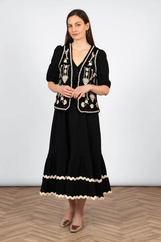 Sarta - Aubrey Lightweight Waistcoat - Black/Ecru, Floral Embroidery