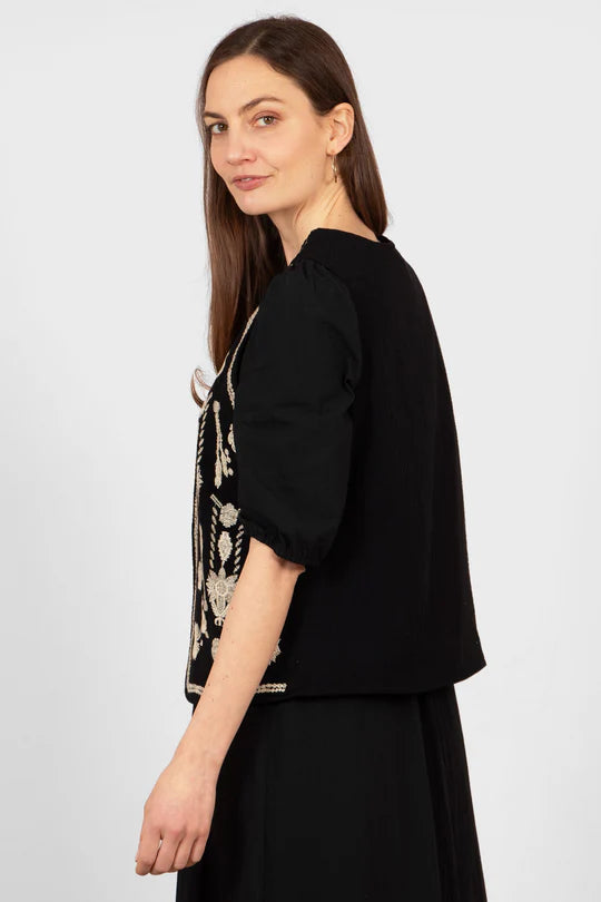Sarta - Aubrey Lightweight Waistcoat - Black/Ecru, Floral Embroidery