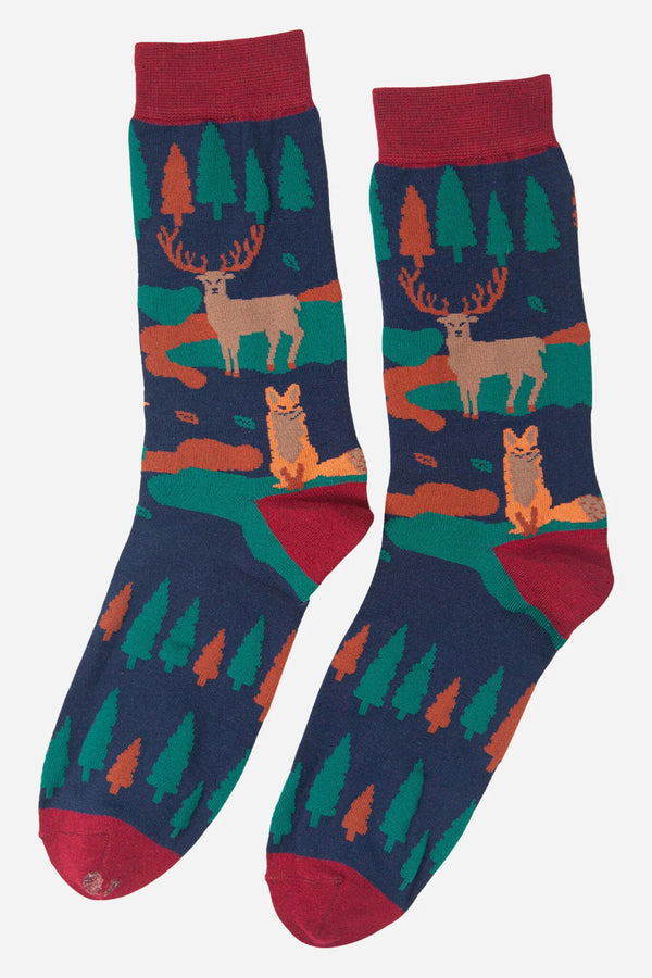 Sock Talk Mens Navy Blue Forest Animal Print Bamboo Socks