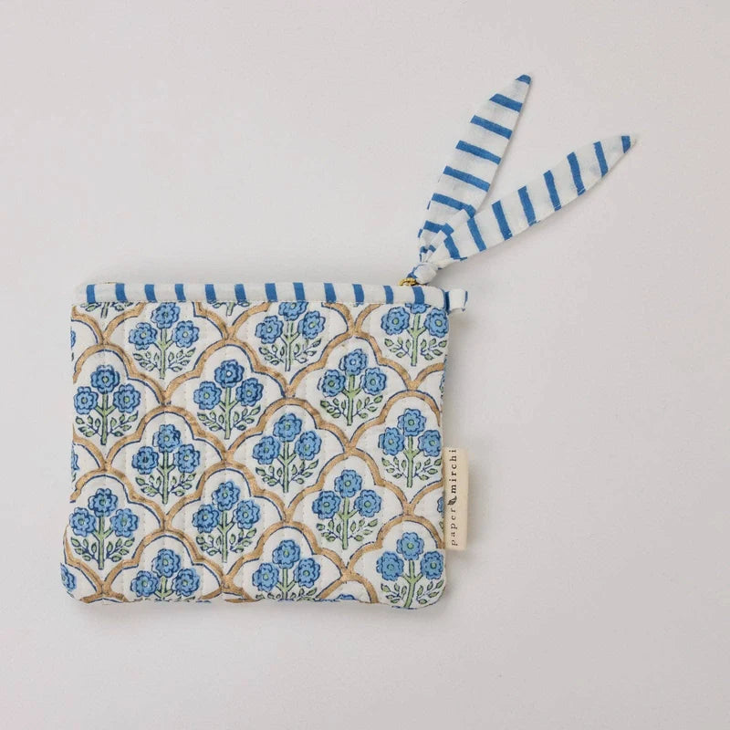 Paper Mirchi - Organic Cotton Block Printed Mini Zipped Pouch - Blue