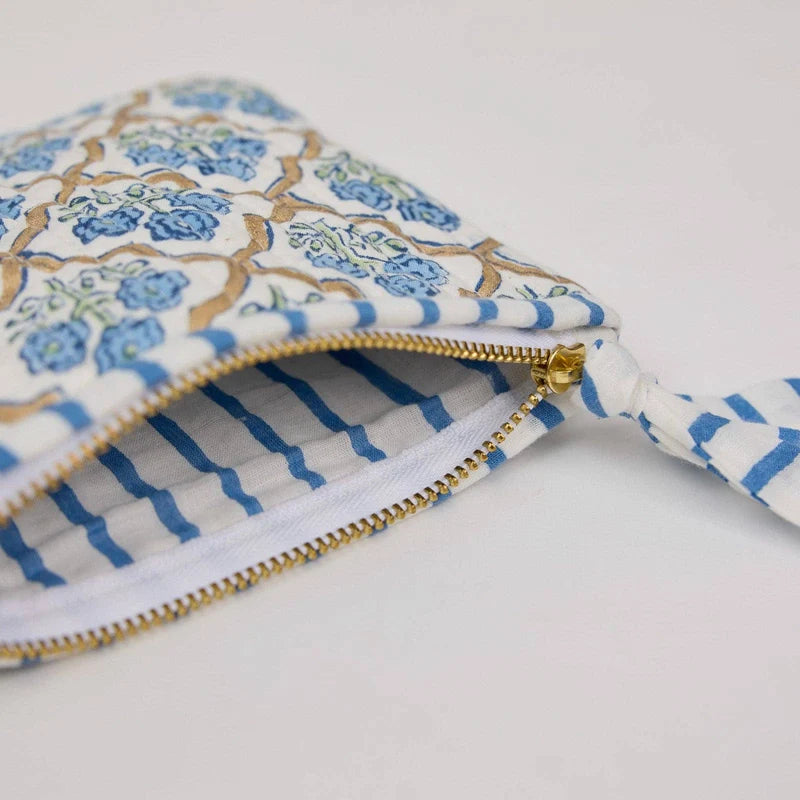 Paper Mirchi - Organic Cotton Block Printed Mini Zipped Pouch - Blue