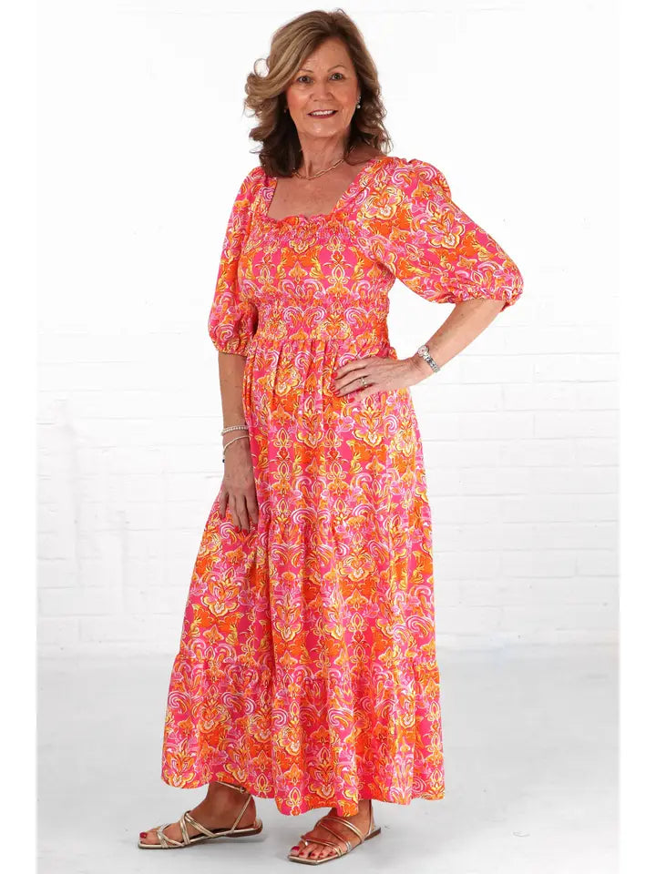 Sarta - Tiered Maxi Milkmaid Dress - Pink, Fleur de Lis