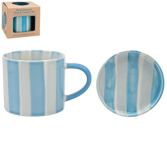 Lesser & Pavey - Hand Painted Ceramics Stoneware Stripes Mug & Coaster 360ml Blue