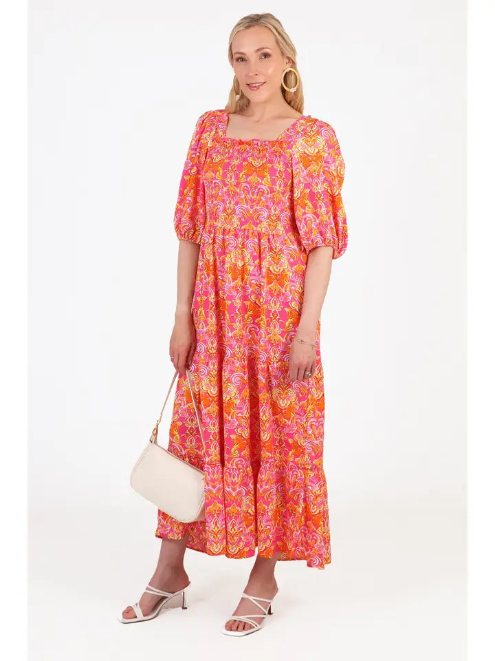 Sarta - Tiered Maxi Milkmaid Dress - Pink, Fleur de Lis