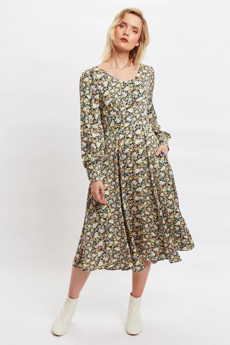 Louche London Arwen Petal Parade Print V Back Midi Dress