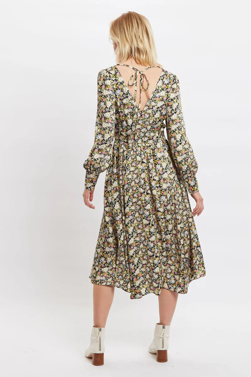 Louche London Arwen Petal Parade Print V Back Midi Dress