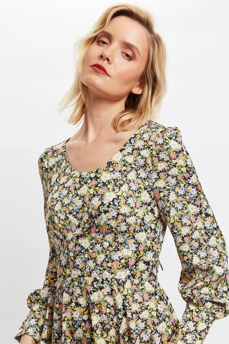 Louche London Arwen Petal Parade Print V Back Midi Dress