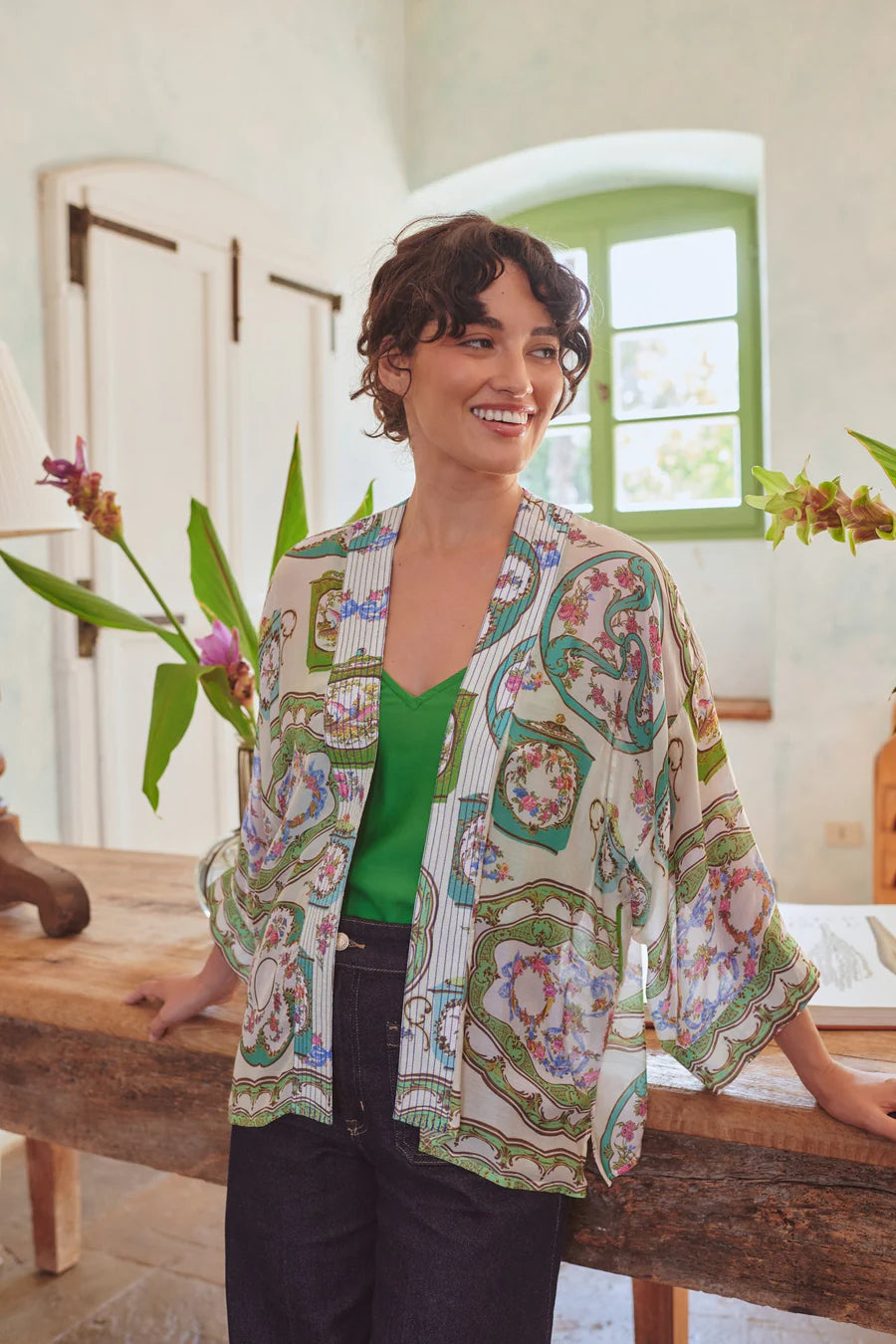 Afternoon Tea Green Kimono - One Hundred Stars