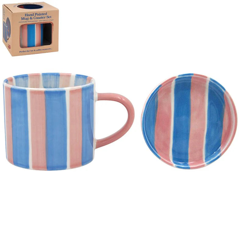 Lesser & Pavey - Hand Painted Ceramics Stoneware Stripes Mug & Coaster 360ml Blue & Pink
