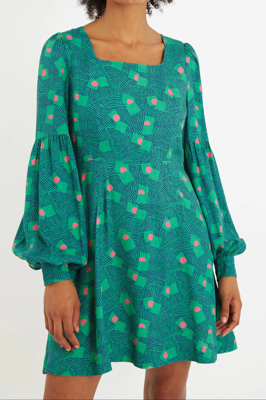 Louche London Bindy Bauhaus Abstract Print Square Neck Long Sleeve Dresses