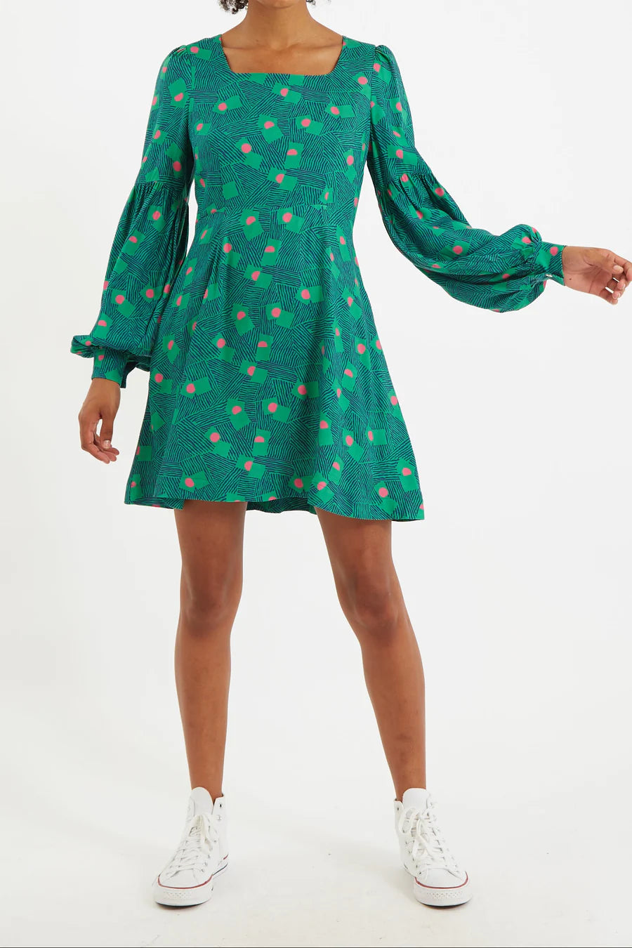 Louche London Bindy Bauhaus Abstract Print Square Neck Long Sleeve Dresses