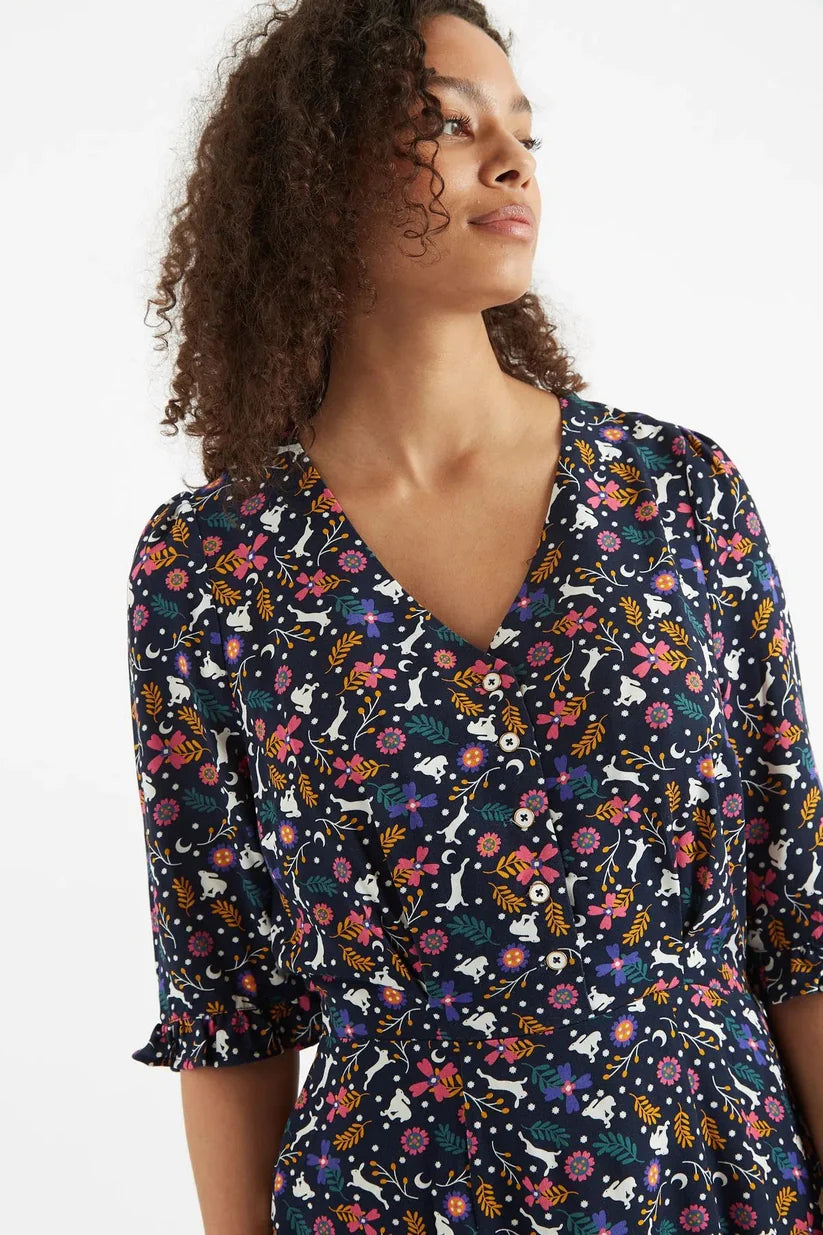 Louche Caitlin Rabbit V Neck Mini Dress - Navy