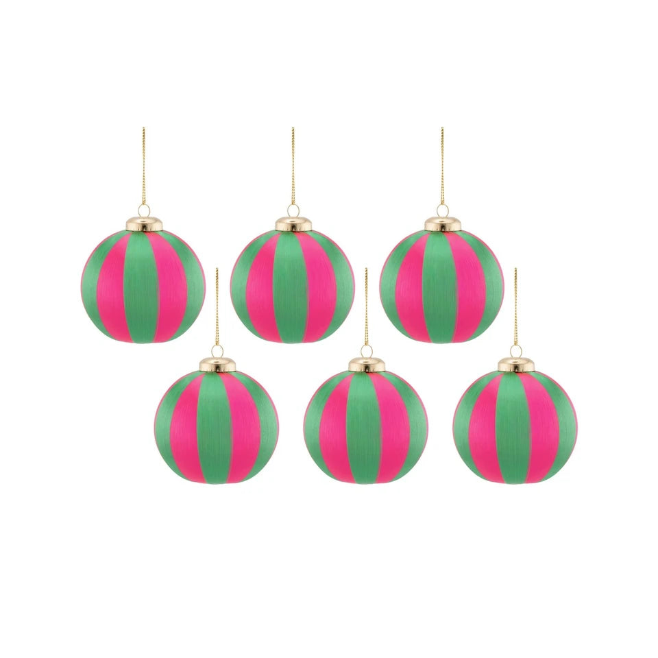 Sass & Belle-Green & Pink Stripe Yarn Shaped Baubles - Set of 6