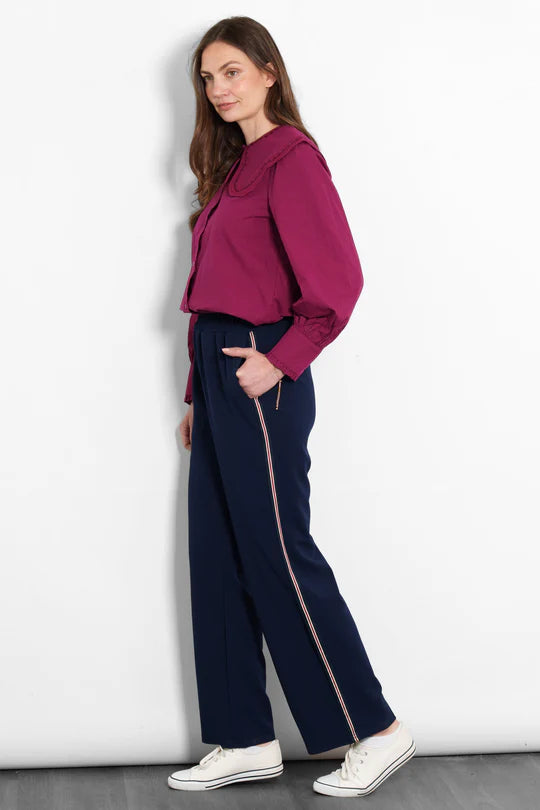 Sarta - Margot Wide Leg Trousers- Navy Blue/Red, Stripe