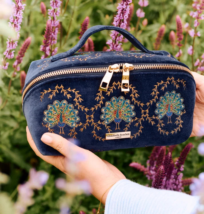 Elizabeth Scarlett - Botanical Peacock Velvet Open Flat Makeup Bag