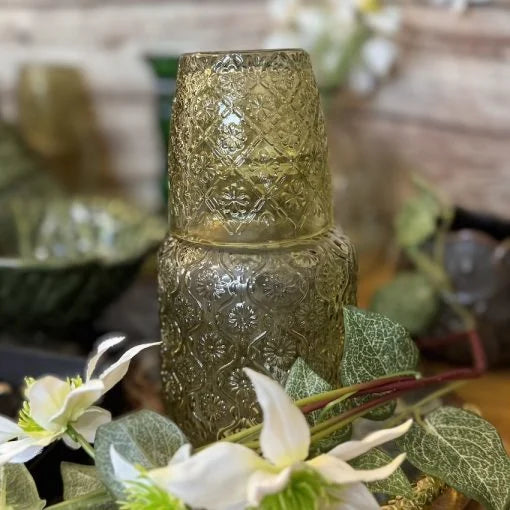 Gisela Graham - Glass Water Carafe Set - Olive Green Daisy