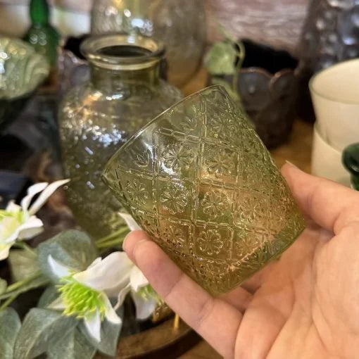 Gisela Graham - Glass Water Carafe Set - Olive Green Daisy