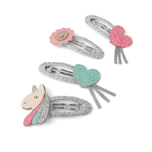 POM Cherie - Hair Clips - Enchanted Ursula Unicorn Hearts & Flowers Mix - Set of 4