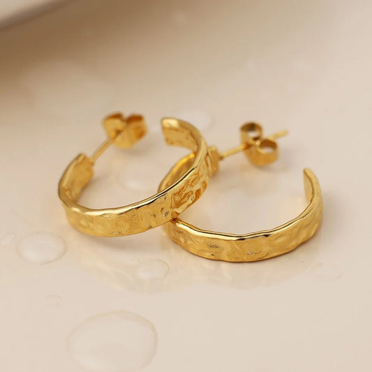POM WATERPROOF - Gold Plated Stainless Steel Hammered C-Hoop Earrings