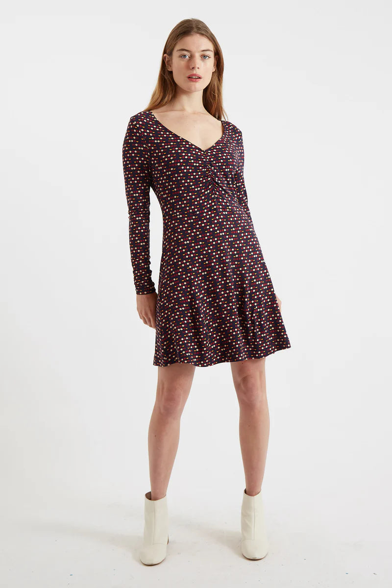 Louche London Jona Retro Dots Print Long Sleeve Mini Dress