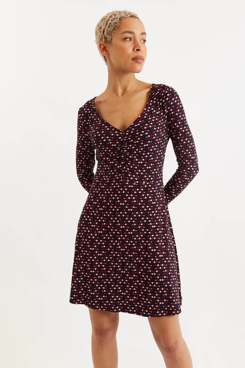 Louche London Jona Retro Dots Print Long Sleeve Mini Dress