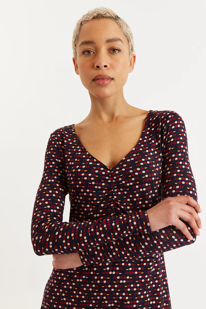 Louche London Jona Retro Dots Print Long Sleeve Mini Dress