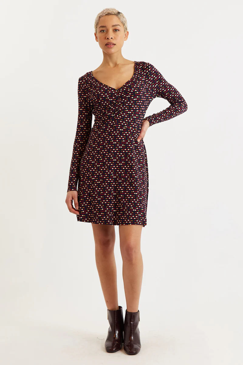 Louche London Jona Retro Dots Print Long Sleeve Mini Dress