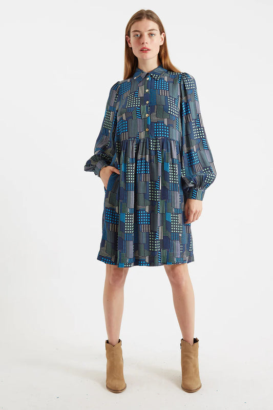 Louche Melly Geo Print Mini Shirt Dress - Blue