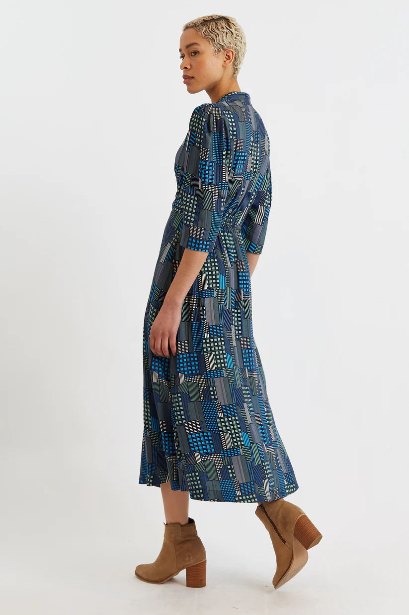 Louche Metea Geo City Wrap Midi Dress - Blue