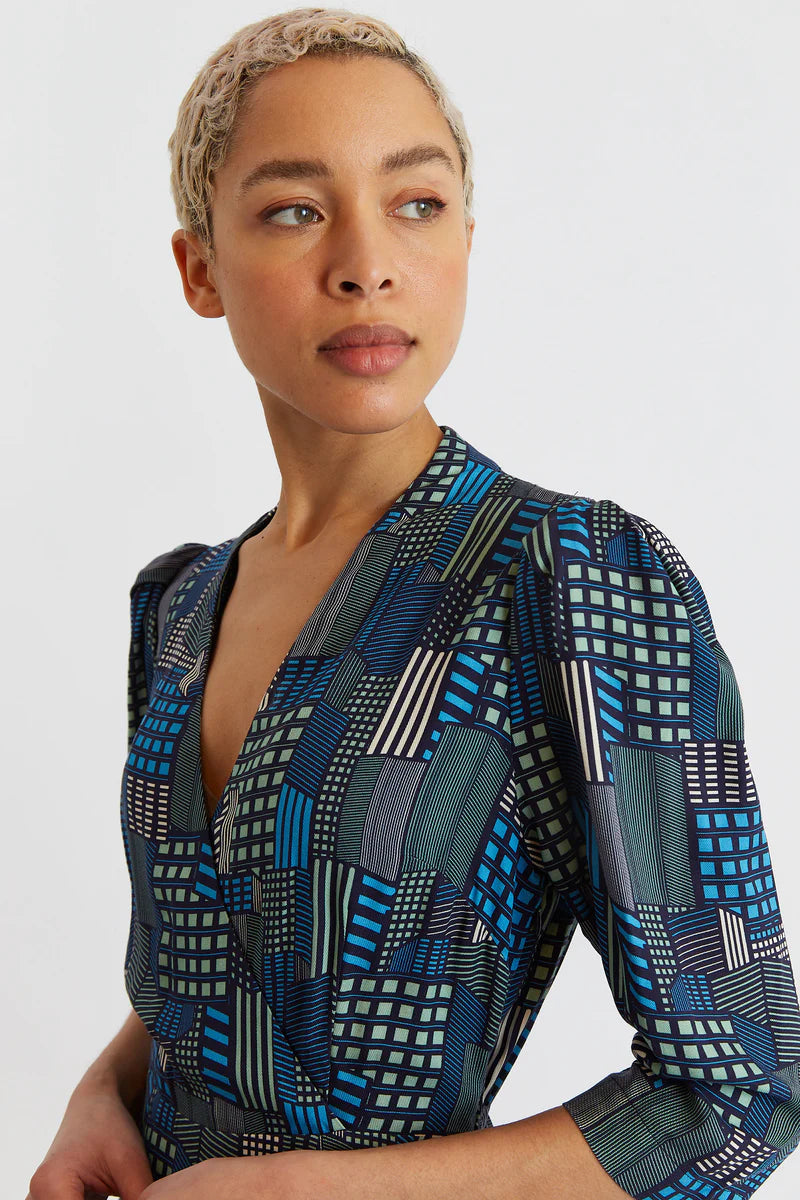 Louche London Metea Geo City Print Faux Wrap Midi Dress