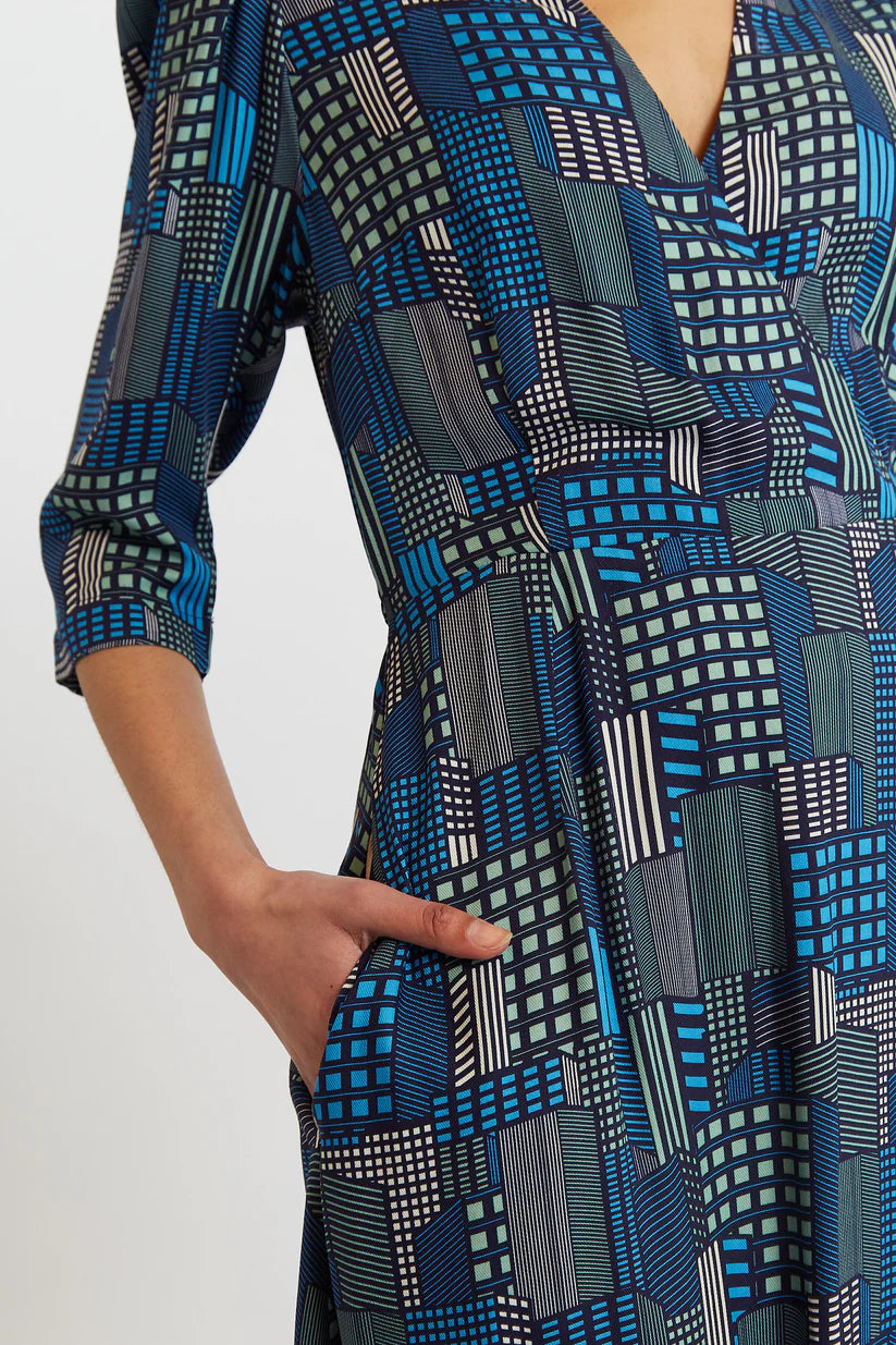 Louche Metea Geo City Wrap Midi Dress - Blue