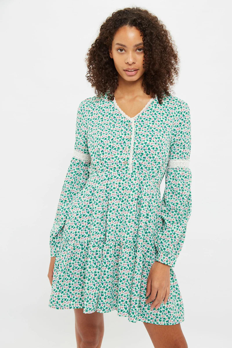 Louche - Noomi Mint Blossom Print V Neck Long Sleeve Mini Dress