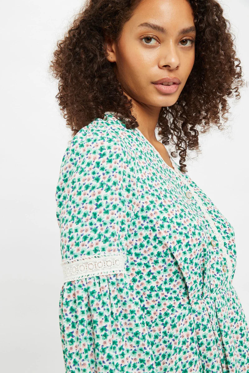 Louche - Noomi Mint Blossom Print V Neck Long Sleeve Mini Dress