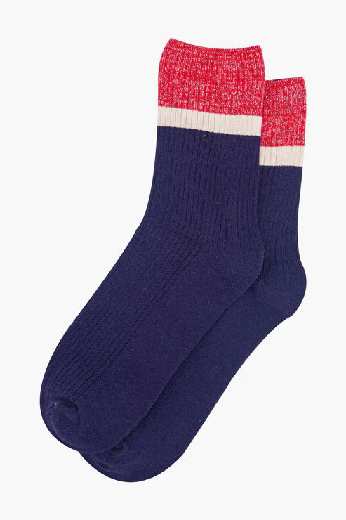 Sock Talk Women's Mid-Calf Socks- Navy Blue/Red, Contrast Cuff