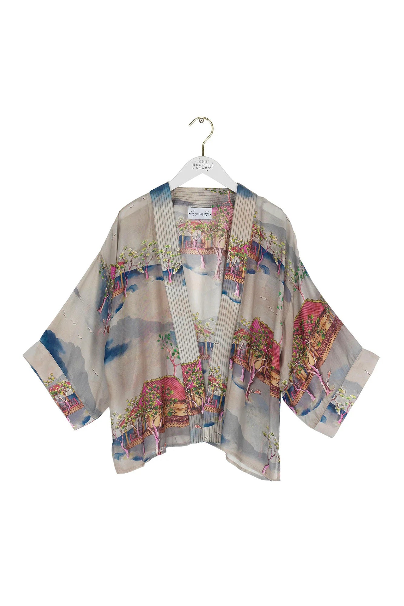 Oriental Landscape Grey Kimono - One Hundred Stars