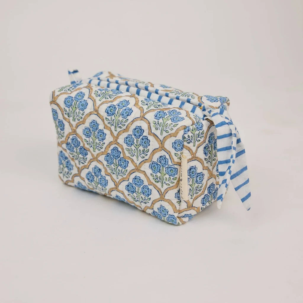 Paper Mirchi - Organic Cotton Block Printed Wash Bag - Blue, Small