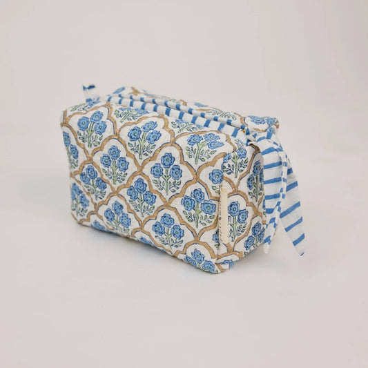 Paper Mirchi - Organic Cotton Block Printed Wash Bag - Blue, Small
